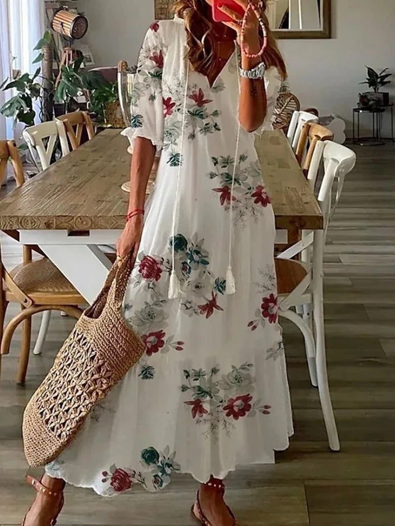 Morvellia Maxi Dress V-Neck Flowy Design Boho Style