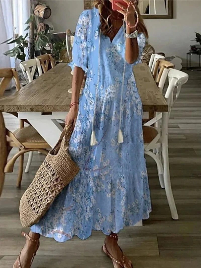 Morvellia Maxi Dress V-Neck Flowy Design Boho Style