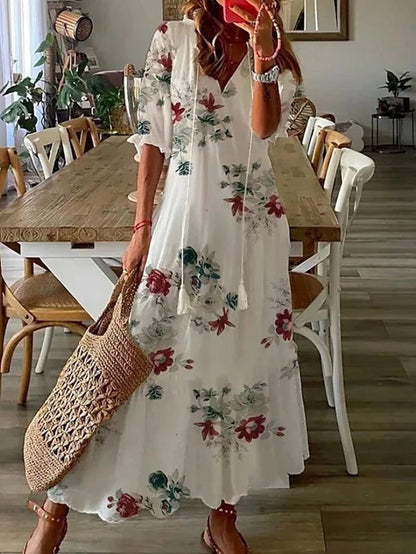 Morvellia Maxi Dress V-Neck Flowy Design Boho Style
