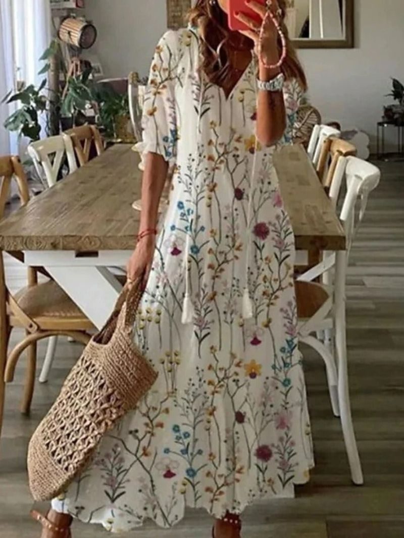 Morvellia Maxi Dress V-Neck Flowy Design Boho Style