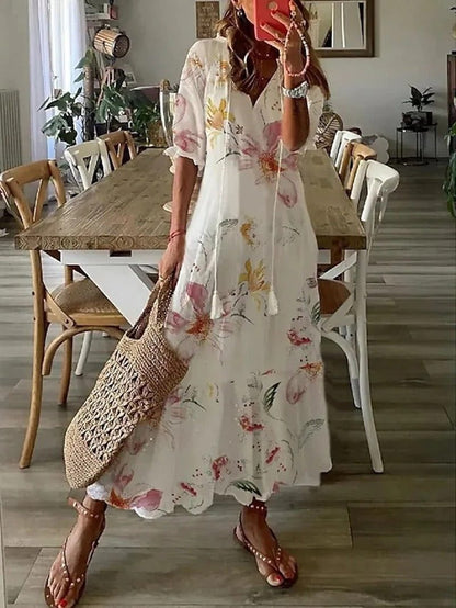 Morvellia Maxi Dress V-Neck Flowy Design Boho Style